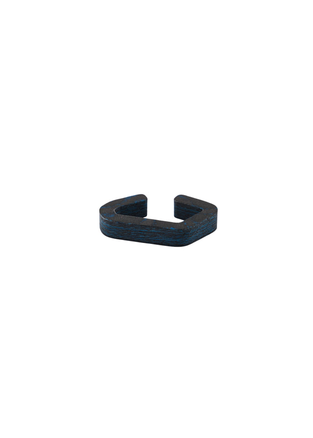Squared black carbon fibre ear cuff, blue layers along the edge, open gap at the top, on white — STRUGA