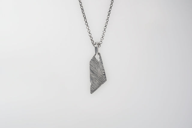 Asymmetric Destroyed pendant on a dark round-link chain: 925 silver plate darkened at the bench, lighter gouges