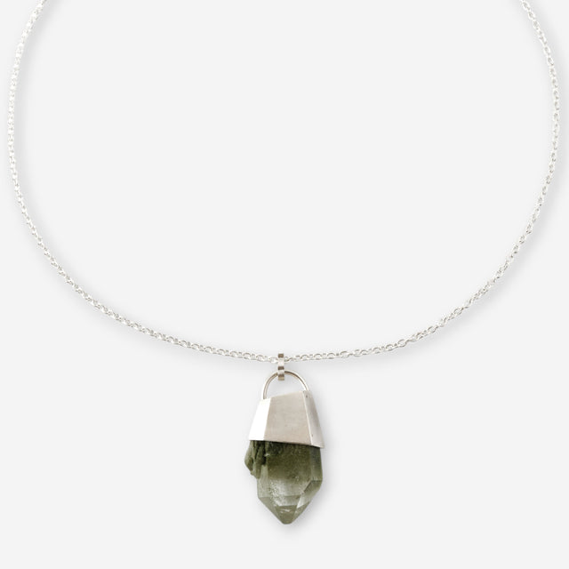 STRUGA Green Quartz Silver Necklace - dark minimalist sterling silver necklace handcrafted Bali
