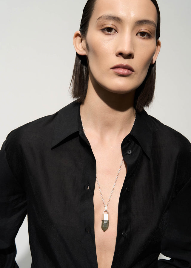 STRUGA Green Quartz Silver Necklace #2 - dark minimalist sterling silver necklace handcrafted Bali - view 5