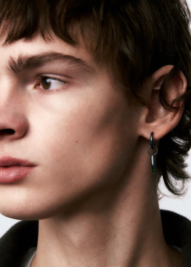 STRUGA Earring Classic + (S) size cylinder frame with green tourmaline #24 - sterling silver earrings Bali - view 2