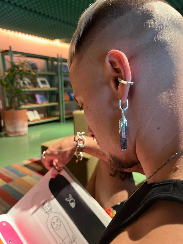 STRUGA Classic or Blade + Fused Mini Line Bloody Silver Earrings - Asymmetric Bali - sterling silver earrings Bali - view 2