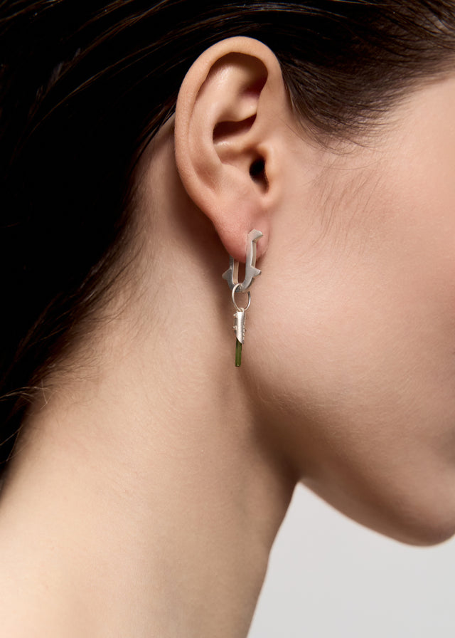 STRUGA Thorn + Small Thorn Frame with Green Tourmaline #8 Silver Earrings - edgy sterling silver earrings handcrafted Bali...