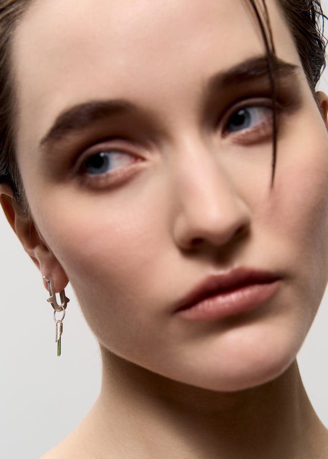 STRUGA Thorn + Small Thorn Frame with Green Tourmaline #8 Silver Earrings - edgy sterling silver earrings handcrafted Bali...