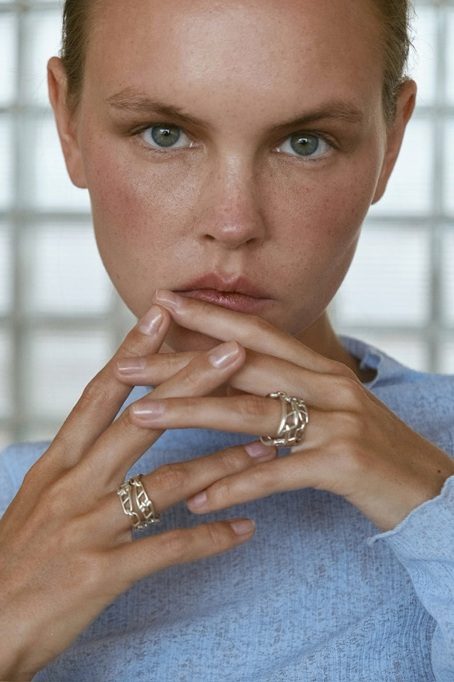 STRUGA Double Line Signature Link Silver Ring - signature sterling silver ring handcrafted Bali - view 2