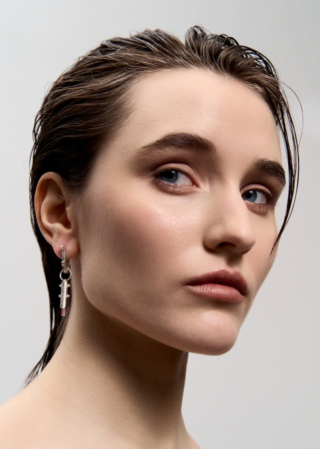 STRUGA Thorn + Medium Thorn Frame with Pink Tourmaline #5 Silver Earrings - edgy sterling silver earrings handcrafted Bali...